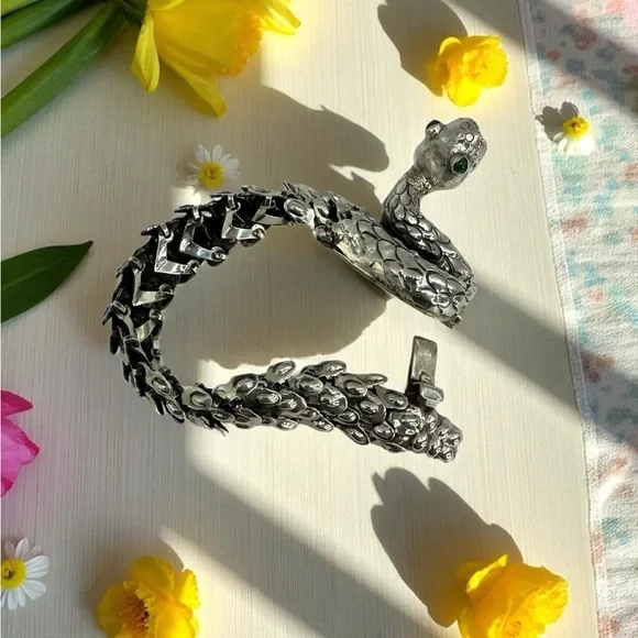 Nacho Gomez Taxco 950 Sterling Silver Rattlesnake Bracelet Malachite Eyes NWOT - Picture 5 of 17